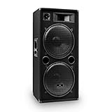 Malone PW-2522 Fullrange PA Box passiver 3-Wege Lautsprecher 1500 Watt max. Leistung 2 x 38 cm (15')-Subwoofer Horn-Mitteltöner Piezo-Hochtöner Holzgehäuse Tragegriffe schwarz