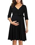 KOJOOIN Damen Umstandskleid Schwangerschafts Kleid für Schwangere Stillkleid V-Ausschnitt mit Taillengürtel Schwarz M
