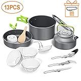 Igrome Camping Kochgeschirr Set 13-TLG Camping Kochtopf Set aus Edelstah Kochausrüstung für Outdoor Wandern Picknick, Topf & Pfanne aus Aluminium und Edelstahl, für 2-3 Personen (mit EIN Geschenk)