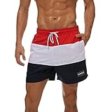 Mangotree Herren Badehose Badeshorts Block Schnell Trockene Bedruckte Strandhose mit Netzfutter (EU XL=Tag 2XL (Taille: 86cm), Weiß Rot)