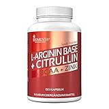 BIOMENTA L-Arginin + Citrullin – Premiumqualität – 150 L Arginin Citrullin Kapseln mit 3.500 mg Arginin Base, 1.000 mg L Citrullin Malat Pulver, anreichert mit 1.000 mg BCAA und Zink