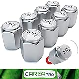CAREApro ® Ventilkappen Auto mit Beschriftung (8er Set) im Bucket-Chrome-Look mit Dichtung - Intelligente Reifen Markierung - Rostfrei ABS-Kunststoff