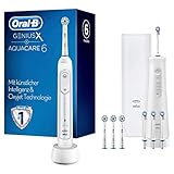 Oral-B Mundpflege Center AquaCare 6 Pro-Expert Kabellose Munddusche & Oral-B Genius X Elektrische Zahnbürste für gesünderes Zahnfleisch, Lade-Reiseetui, 4 Aufsteckbürsten, 4 Ersatzdüsen, weiß