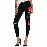Ularma Damen Stickerei Jeans High-Waist Stretch Rissen Loch Modern Bleistift Hosen (S, Schwarz)
