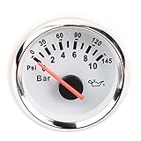 KIMISS Elektrisches Voltmeter, 5,1 cm, 0-10 bar, Öldruckmessgerät, 145 psi, LED-Hintergrundbeleuchtung, Zifferblatt für Auto, Motorrad, Boot, LKW, 12 V/24 V (weißes Zifferblatt, silberfarbener Rahmen)