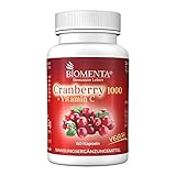 BIOMENTA Cranberry 1000 + Vitamin C – mit 1.000 mg Cranberry Extrakt + 500 mg Vitamin C pro Tag – Cranberry hochdosiert & vegan - 60 Cranberry Kapseln