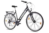 CHRISSON 28 Zoll Damen City Bike - Sereto 1.0 schwarz - Damenfahrrad mit 24 Gang Shimano Acera Kettenschaltung und Nabendynamo, Trekkingfahrrad mit Suntour Federgabel