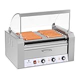 Royal Catering - Hot Dog Grill Hot Dog Maschine (9 Rollen, Edelstahl, 2.200 W, 2 Heizzonen, herausnehmbare Fettauffangschublade, Wärmeschublade, 16 Würstchen, mit Hartglasabdeckung)