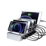 YOJA USB Ladestation für Mehrere Geräte 6 Port Multi Ladestation für Handy Tablet USB Ladegerät mit 6 Kurze Kabel, Silber