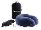 VAN BEEKEN Reise Nackenkissen Nackenhörnchen weicher bequemer Memory-Schaum-Stoff Foam – Flauschiges Nackenstützkissen zum Reisen mit Schlafbrille Ohrenstöpsel Tragetasche Reisekissen Blau