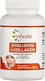 Vihado Hyaluronsäure Kapseln hochdosiert – Hyaluron + Kollagen-Hydrolysat – Beauty Kapseln ohne Zusatzstoffe – ideal als Nahrungsergänzung neben der Hautpflege – 90 Kapseln