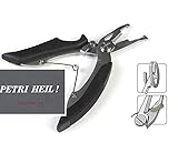 # Eine Schere schwarz für geflochtene Schnur und Sprengringzange kombiniert,Split Ring Pliers ca 13cm + gratis Petri Heil! Aufkleber