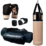 ScSPORTS Boxsack-Set, für Jugendliche und Kinder, Box-Set mit Boxhandschuhen, Boxbandagen und Tasche, 12 kg, beige/schwarz