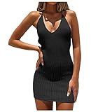 Sisifa Damen Ärmellos Sexy V-Ausschnitt Geraffte Figurbetontes Kleid Gerippter Strick Binde Rückenfrei Minikleider
