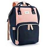 Baby Wickelrucksack macaron Wickeltasche Rucksack mit wasserdicht Wickelunterlage Große Kapazität Reiserucksack für Unterwegs (Dunkelblau mit Rosa)