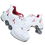 Mowday 4-Rad Verstellbare Rollschuhe, Roller Skates, Rollerskates Rollschuhe Artistic - Outdoor-Sport Rollschuhe Faul Reisemodus,White+red,35