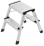 Hailo D60 StandardLine Alu-Klapptritt-Leiter | 2x2 Stufen belastbar bis 150 kg | Trittleiter mit Klappsperre | Füße mit Soft-Grip-Sohle | platzsparend zusammenklappbar | Aluleiter rostfrei | silber