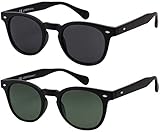Sonnenbrille Herren Damen La Optica UV 400 CAT 3 CE Retro Oval Rund - Doppelpack Matt Schwarz (Gläser: 1 x Grau, 1 x Grün Klassisch)