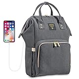 SUNVENO Große Baby Wickeltasche Rucksack, Wickelrucksack Wasserdicht mit 16 Taschen Inklusive 3 Milchisolierungstaschen, Baby Windelrucksack mit USB-Anschluss und Freiem Kabel （Grau）