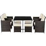 SONGMICS Gartenmöbel Set aus Polyrattan, 9-teilig, Sitzgruppe, Tisch mit Hartglasplatte, 4 Stühle und 4 Hocker, mit Kissen, platzsparend, für Outdoor, braun-beige GGF009K01