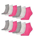 Puma 12 Paar Unisex Quarter Socken Sneaker Gr. 35-49 für Damen Herren Füßlinge, Farbe:656 - middle grey mélange/pink, Socken & Strümpfe:35-38