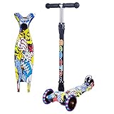 Yuanj Scooter Kinder Roller, Dreiradscooter für Mädchen und Jungen, Höhenverstellbarer und Abnehmbarer Kinderscooter, mit PU Räder/Graffiti Kinder Scooter (Gelb + schwarz, 3-13 Years Old)