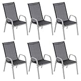 6er Set Gartenstuhl Camping Stapelstuhl Hochlehner Terrassenstuhl – Textilene Stahl stapelbar – Farbe: Rahmen hellgrau/Bespannung schwarz