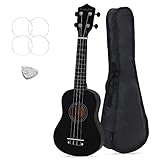 Display4top 21 Zoll Sopran Ukulele Starter Kit, Professonial Ukelele für Kinder und Anfänger mit Tasche, Pick, saiten (Schwarz)