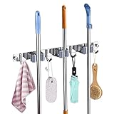 Besenhalterung wand, Gerätehalter Edelstahl Besen Mop Halter mit 3 Schlitze und 4 Haken, Wandhalterung Besen für zu Hause Küche Badezimmer Wäscherei Garten Garage (1 Stück)