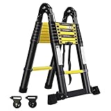 Froadp 500cm Alu-Teleskopleiter Klappleiter Multifunktion Anlegeleiter Mehrzweckleiter 16 Sprossen Gefaltete Höhe 90cm Hochwertigem Aluleiter 150 kg Belastbarkeit(Schwarz+Gelb)