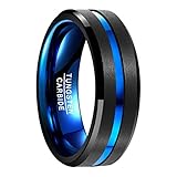 NUNCAD Ring Men Fashion, Wolframcarbid mit polierter Oberfläche ﹢ blauem Groove, Außenbreite 8mm bequem, schwarz﹢blau, Größe 61