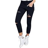 Ularma Damen Cropped Jeans High-Waist Stretch Ripped Loch Bleistift Modern Lässige Hosen (M, Schwarzblau)