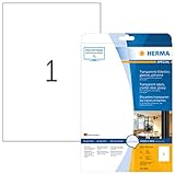 HERMA 8020 Wetterfeste Folien-Etiketten DIN A4 transparent (210 x 297 mm, 25 Blatt, Polyesterfolie, glänzend) selbstklebend, bedruckbar, permanent haftende Klebefolie, 25 Klebeetiketten, durchsichtig