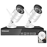 YESKMAO Funk Überwachungskamera Set Aussen Wlan mit 4 Kanal H.265 NVR Recorder und 2X1080P Wifi Überwachungskameras, Kabellos Videoüberwachung mit 1TB Festplatte, 30M Nachtsicht und Bewegungserkennung