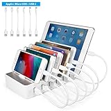 TechDot Handy USB Ladestation Ladestation Mehrere Geräte 6 Port USB Multi Ladestation für Handys Smartphones Tablets (mit 6 Kurze Kabel, Weiß)