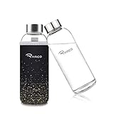 Ryaco Glasflasche Trinkflasche Classic Tragbare 450ml BPA-frei für unterwegs Sportflasche Glas Wasserflasche zum Mitnehmen von kalten Heiß Getränken mit Neopren Tasche und Schwammbürste