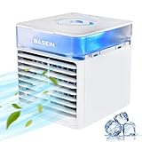 BASEIN Mobile klimageräte, Mini Air Cooler, 3 in 1 Klimaanlage, Luftbefeuchter und Luftreiniger, USB Mini luftkühler mit wassertank und 3 Leistungsstufen, 7 LED-Leuchten für Zuhause und Büro