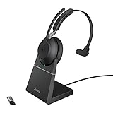 Jabra Evolve2 65 Wireless PC Headset mit Ladestation – Noise Cancelling Microsoft Teams Zertifizierte Mono Kopfhörer mit langer Akkulaufzeit – USB-A Bluetooth Adapter – Schwarz