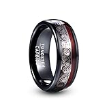 Vakki Herren Damen Ring Schwarz Wolfram Ring mit Spiralmuster und Roter Gitarrensaite Partner Ring Kuppel Comfort Fit Größe 59