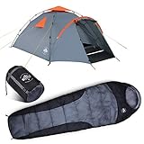 Lumaland Outdoor Pop Up Zelt Familienzelt + Schlafsack 230x80 cm - Camping Set - Wasserdichtes Zelt - Warmer Schlafsack, kompaktes Packmaß - Grau