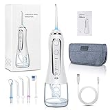 Munddusche Elektrisch Kabellos, Uvistare Professional Wasser Flosser Oral Irrigator IPX7 Wasserdicht, Zahnreiniger mit 300ML Wassertank 5 Modi und 6 Düsen, Weiß