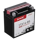 Accurat Motorradbatterie YTX14-BS 12Ah 200A 12V AGM Starterbatterie in Erstausrüsterqualität leistungsstark rüttelfest ABS geeignet wartungsfrei