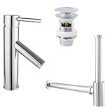 PaulGurkes Waschtischarmatur rund Wasserhahn Set Siphon Pop Up Excenter Chrom Einhandmischer für Waschbecken Bouncing Popup mit Überlauf Abfluss Geruchsverschluss Ablauf Messing hochwertig verchromt