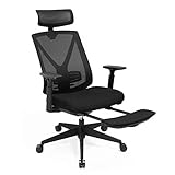SONGMICS Ergonomischer Bürostuhl mit Fußstütze, Schreibtischstuhl mit Lordosenstütze, verstellbare Kopfstütze und Armstütze, Höhenverstellung und Wippfunktion, bis 150 kg Belastbar, schwarz OBN61BKV1