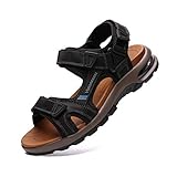 visionreast Herren Outdoor Sports Sandalen Trekking Leichte Leder Strand Wandersandalen Männer Sommer Klettverschluss Offroad Sandale Schuhe Waterproof, Schwarz1, 45 EU