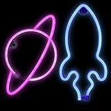 2 Stück Neon Licht Zeichen Rosa oder Blau Neon Lampen Planet Neon Licht Blau Rakete Lichter Neon Nachtlicht Batterie oder USB Betrieben Neon Zeichen für Wand Dekoration Led Sicherheit Wand Dekoration