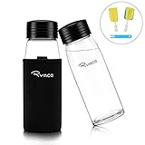 RYACO Glasflasche Trinkflasche 450ml Breiter Mund Borosilikat Classic Tragbare BPA-frei Sportflasche Glas Wasserflasche zum Mitnehmen von kalten Heiß Getränken mit Neopren Tasche und Schwammbürste