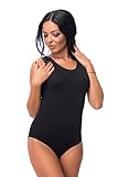 Evoni Damenbody Größen | Damen Overall Bodysuit mit Rundhals | breite Träger | Verschluß-Haken | Unterzieh-Body mit optimaler Passform | sportlicher Damen-Body, Schwarz, M