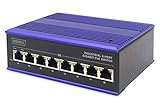 DIGITUS PoE Netzwerk-Switch - 8-Port Gigabit Ethernet - DIN-Rail Montage - Klemmleiste - Lüfterlos - Schwarz/Blau