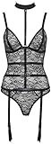 Orion Strapshemd - Reizwäsche-Set mit Rio-String, Strapse und Halsband, erotisches Wäsche-Set für Frauen aus Spitze und Wetlook, schwarz (S)